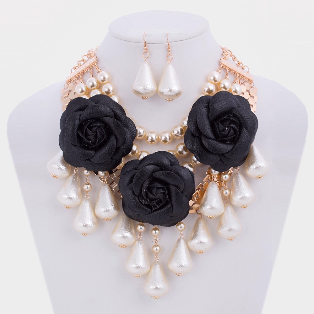 3-D Rose & Pearl Bib Statement Necklace